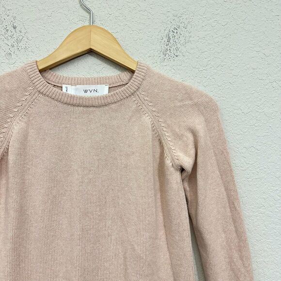 WVN Isle Knit Crew Neck Pullover Sweater Ribbed-Trim in Nude/Beige - Picture 2 of 8